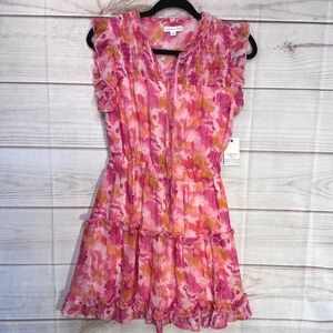 Ophelia‎ Roe Pink Orange Floral Ruffle Tiered Mini Dress Sleeveless Small NWT
